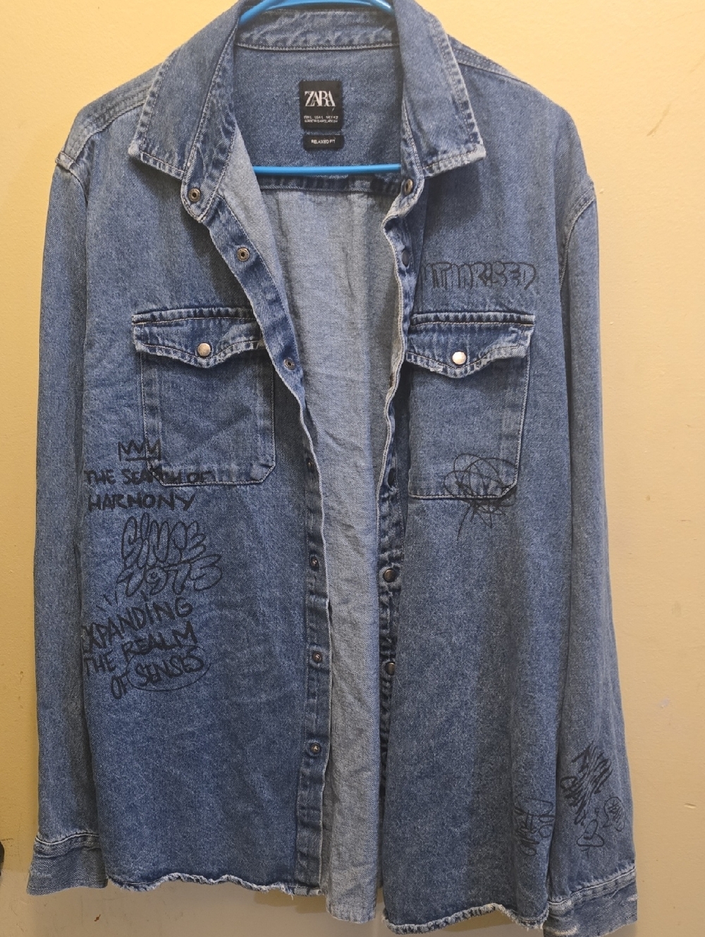 ZARA Denim Button-Up Shirt Jacket with Handwritten Graphic Details